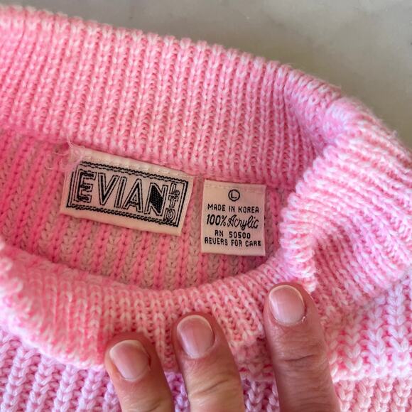 Vintage 80s 90s Pink + White Mock Neck Ribbed Knit Sweater / S - Picture 7 of 11